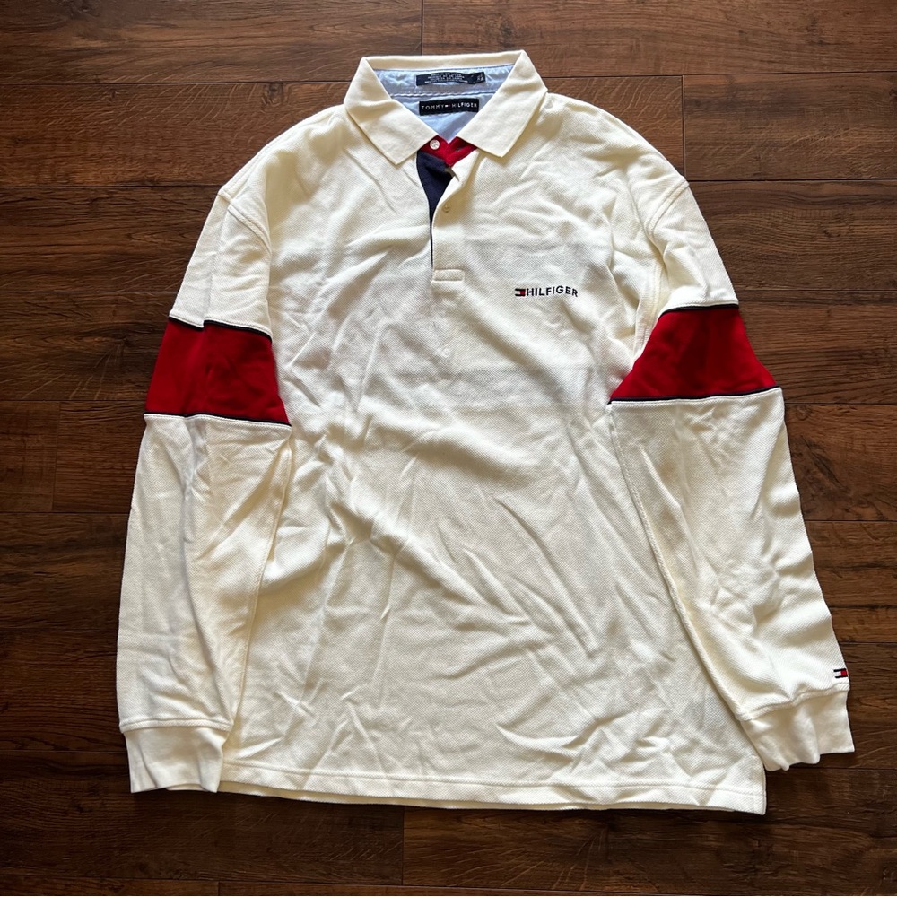Vintage Tommy Hilfiger Men's Color Block Cream Long-Sleeve Polo